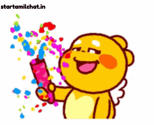 A Yellow Cartoon Character Is Holding A Confetti Cannon And Smiling GIF
