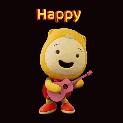 A Yellow Cartoon Character Is Holding A Pink Guitar And The Words Happy Are Above Him GIF