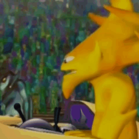 A Yellow Cartoon Character Is Standing In Front Of A Painting Of A Fish . GIF