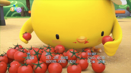 A Yellow Cartoon Character Is Surrounded By Tomatoes With Chinese Writing GIF