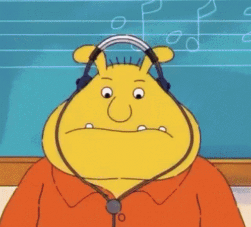 A Yellow Cartoon Character Wearing Headphones And A Tie . GIF