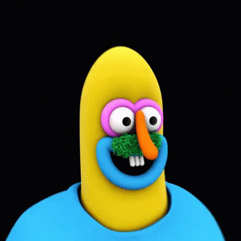 A Yellow Cartoon Character With A Blue Shirt On Has A Purple Eye GIF