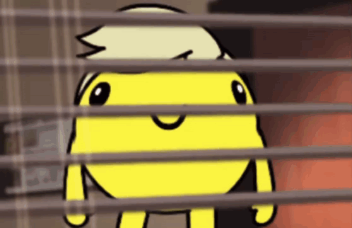 A Yellow Cartoon Character With A White Haircut Behind Blinds GIF