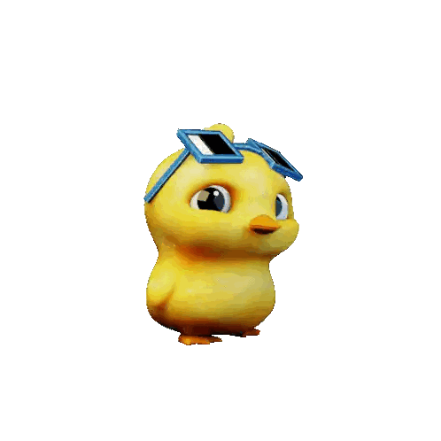 a yellow cartoon chicken wearing blue sunglasses on its head