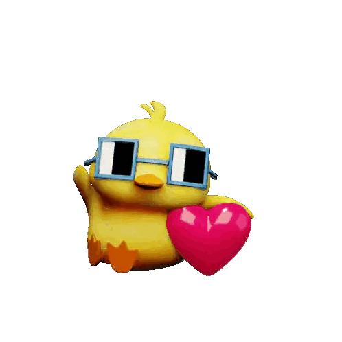 a yellow cartoon duck wearing sunglasses holds a pink heart