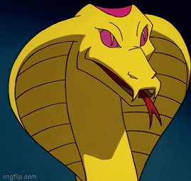A Yellow Cartoon Snake With Pink Eyes And A Red Tongue Sticking Out GIF