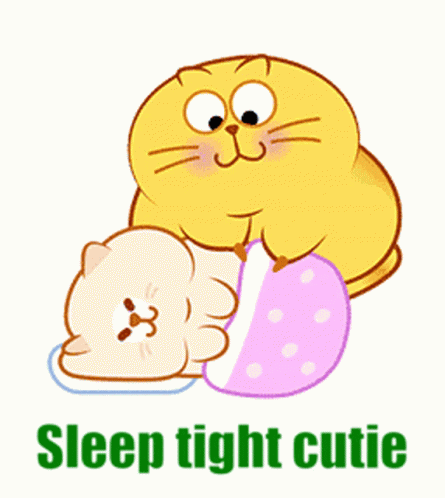 A Yellow Cat Is Petting A White Cat With The Words Sleep Tight Cutie Written Below It GIF
