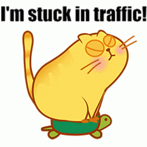 A Yellow Cat Is Stuck On A Green Turtle With The Words " I 'M Stuck In Traffic " Above It GIF
