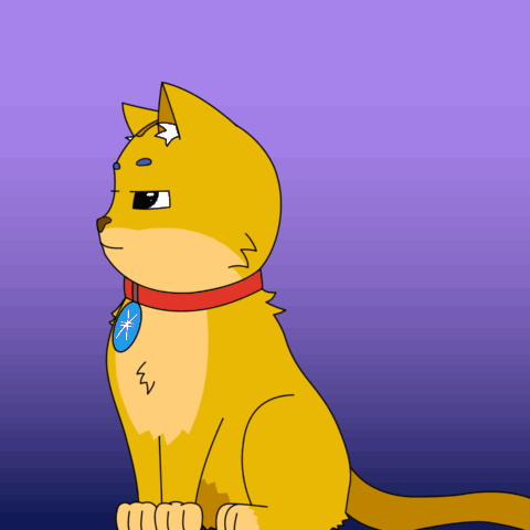 A Yellow Cat With A Red Collar And A Blue Badge On Its Chest GIF