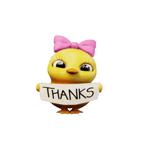 a yellow chick with a pink bow holds a sign that says thanks