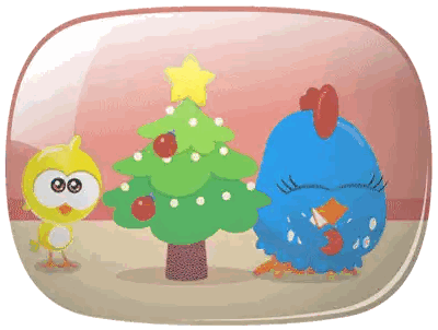 a yellow chicken and a blue chicken decorate a christmas tree