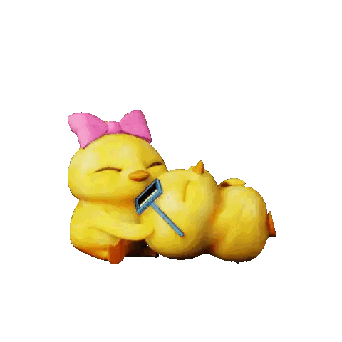 a yellow chicken with a pink bow on its head is holding a blue brush