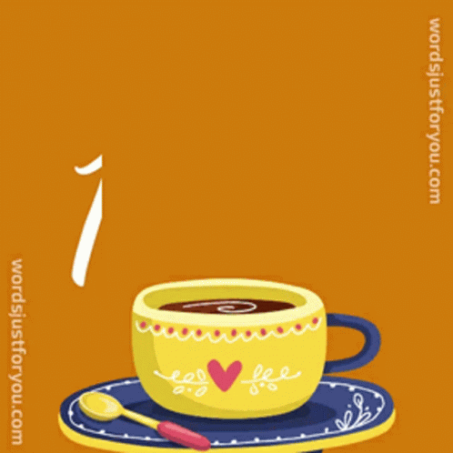 A Yellow Cup Of Coffee On A Saucer With The Words Good Morning Written On It GIF