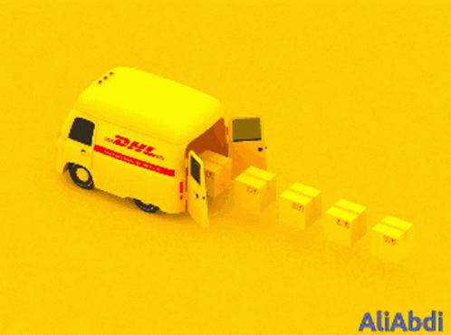 A Yellow Dhl Van With Boxes Coming Out Of The Door GIF
