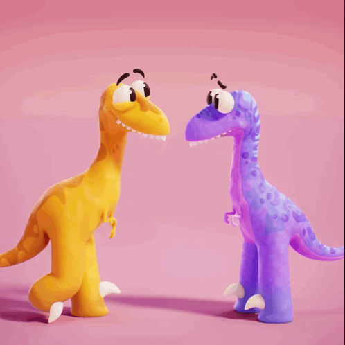 A Yellow Dinosaur And A Purple Dinosaur Are Looking At Each Other On A Pink Background GIF