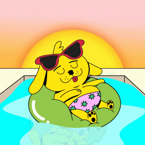 a yellow dog wearing sunglasses is floating in a pool with the words happy labor day above him