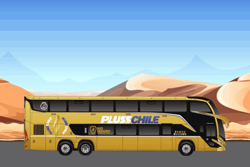 A Yellow Double Decker Bus With The Word Pluss Chile On The Side GIF