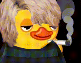 A Yellow Duck Is Smoking A Cigarette While Wearing A Black And Green Striped Shirt . GIF
