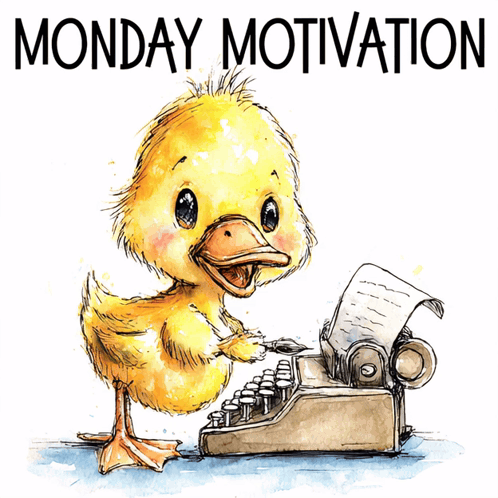 a yellow duck is standing next to a typewriter with the words monday motivation written above it