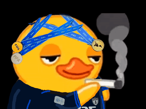 A Yellow Duck Smoking A Cigarette With Fifa Ribbons On His Head GIF