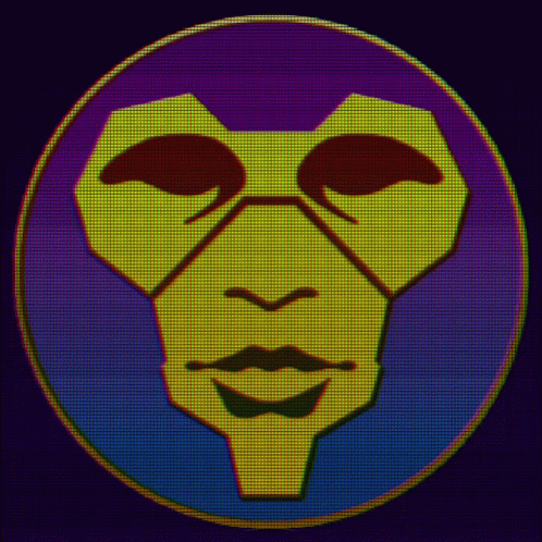 A Yellow Face In A Purple Circle With Red Eyes GIF