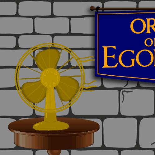 A Yellow Fan Sits On A Table In Front Of A Sign That Says " Or Of Ego " GIF