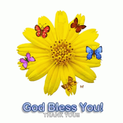 A Yellow Flower Is Surrounded By Butterflies And Says God Bless You Thank You GIF