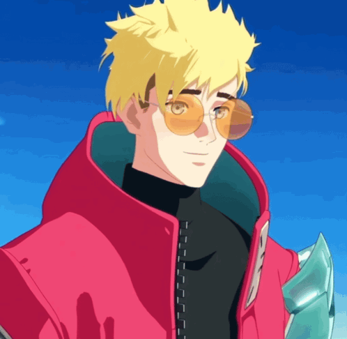 A Yellow Haired Anime Character Wearing Sunglasses And A Pink Jacket GIF