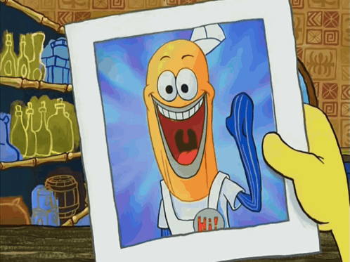 A Yellow Hand Is Holding A Picture Of A Smiling Cartoon Character Named Marvin GIF