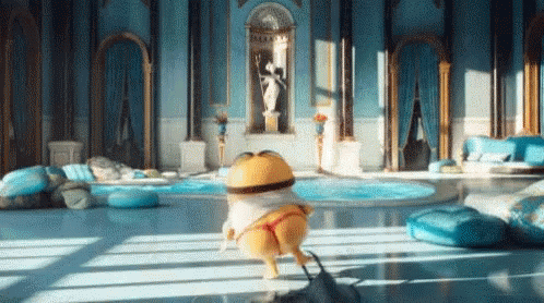 A Yellow Minion Is Standing In A Room With A Pool . GIF