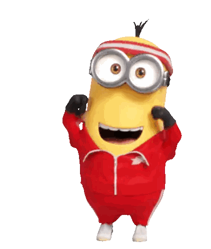 a yellow minion wearing a red jacket and goggles is dancing
