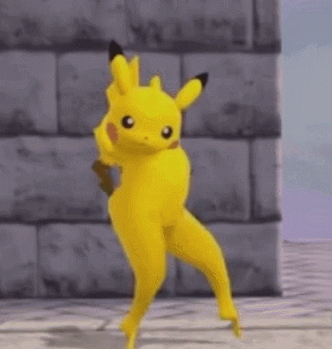 A Yellow Pikachu Is Dancing In Front Of A Stone Wall . GIF