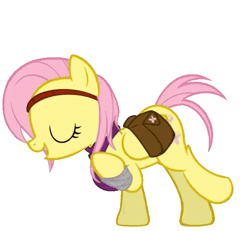 a yellow pony with pink hair and a bandage on her leg