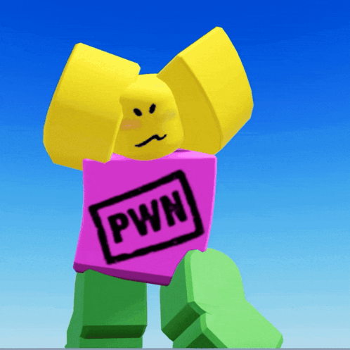 A Yellow Roblox Character With A Pink Shirt That Says Pwn GIF