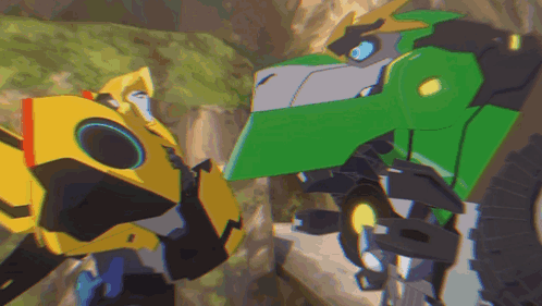 A Yellow Robot And A Green Robot Are Standing Next To Each Other On A Rock . GIF