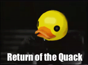 A Yellow Rubber Duck With The Words Return Of The Quack On The Bottom GIF