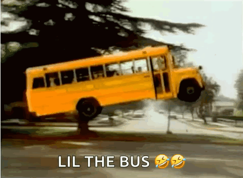 A Yellow School Bus Flying Through The Air With The Words Lil The Bus Below It GIF