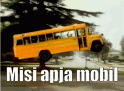 A Yellow School Bus Is Flying Through The Air With The Words Misi Apja Mobil Written Below It GIF