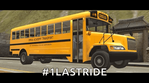 A Yellow School Bus That Says Drink Academy Transport On The Side GIF