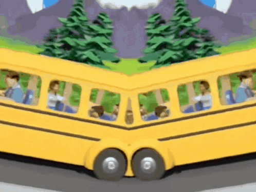 a yellow school bus with a mountain in the background and trees in the foreground