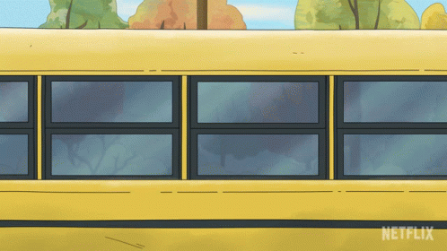 A Yellow School Bus With A Netflix Logo On The Bottom Right GIF