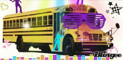 A Yellow School Bus With Purple Glasses On The Side GIF
