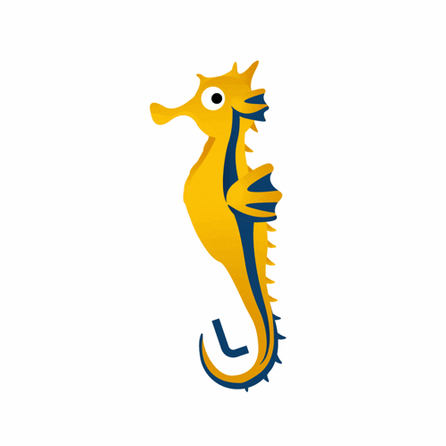 A Yellow Seahorse With A Blue Tail And A L On Its Tail GIF