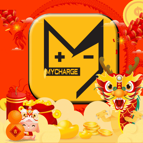 A Yellow Sign That Says Mycharge With A Dragon In Front Of It GIF
