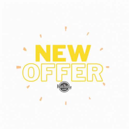 A Yellow Sign That Says New Offer With Rays Coming Out Of It GIF