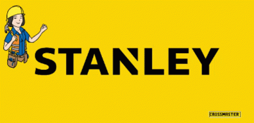 A Yellow Sign That Says Stanley With A Woman Holding A Hammer And A Screwdriver GIF