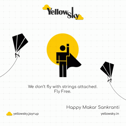 A Yellow Sky Advertisement For Makar Sankranti With A Man Flying A Kite GIF