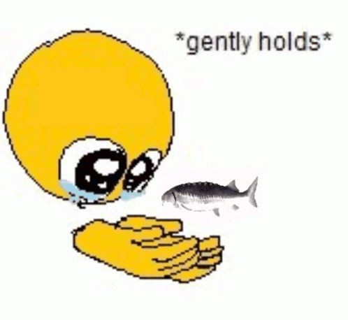 A Yellow Smiley Face Is Crying While Holding A Fish In Its Hands . GIF