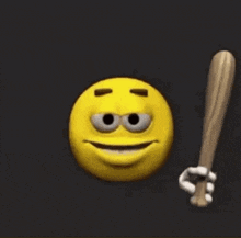 A Yellow Smiley Face Is Holding A Baseball Bat In Its Hand . GIF