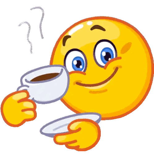 a yellow smiley face is holding a cup of coffee